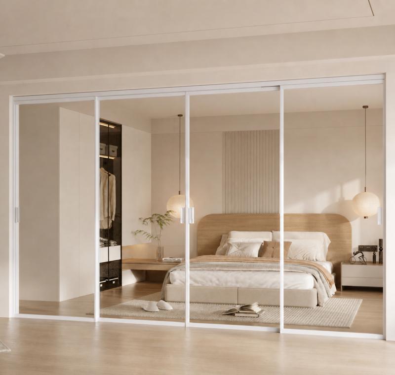 Nooli Living top-hung sliding glass doors in a bedroom